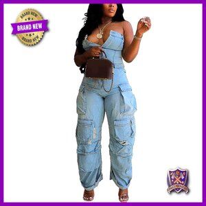 Stretch Denim Cargo Jumpsuit with Multi Pockets, Straight Leg